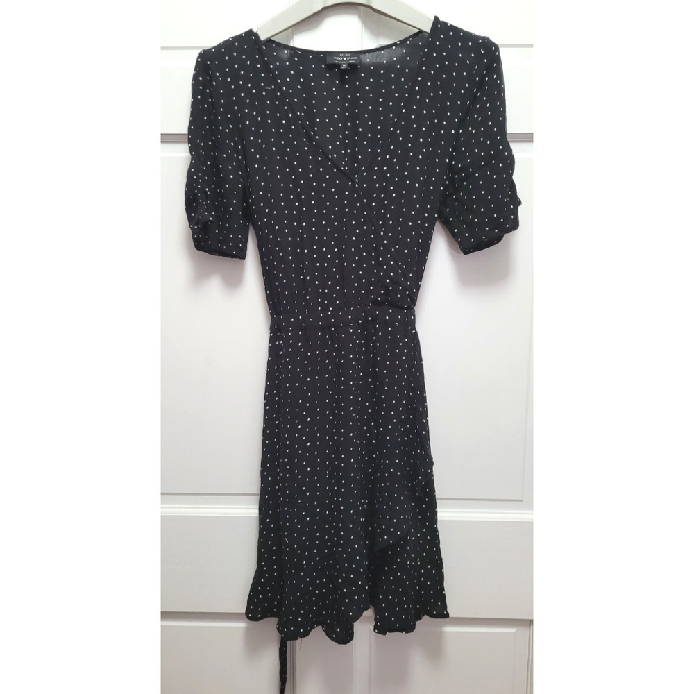 Lucky Brand 100% Viscose Faux Wrap Black Polka Dot Dress - Medium